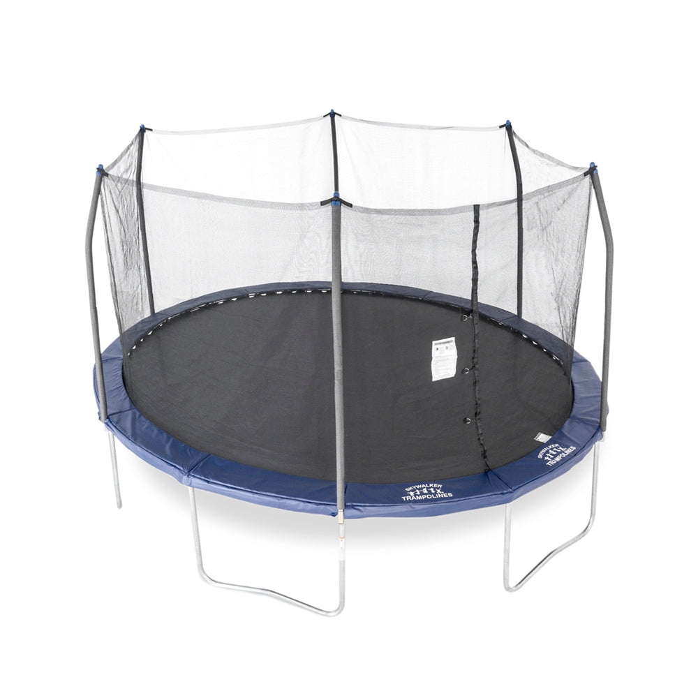 The 15-foot oval kids trampoline with navy spring pad and navy pole caps. 