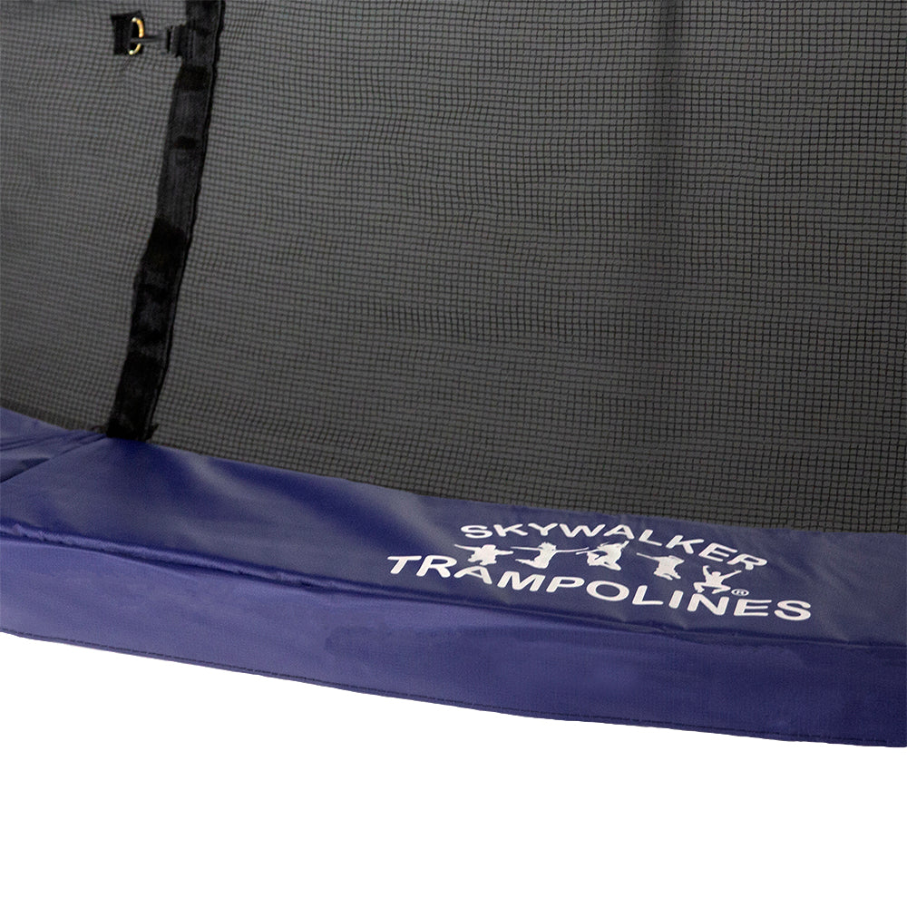 The white Skywalker Trampolines logo is printed on top of the navy spring pad. 