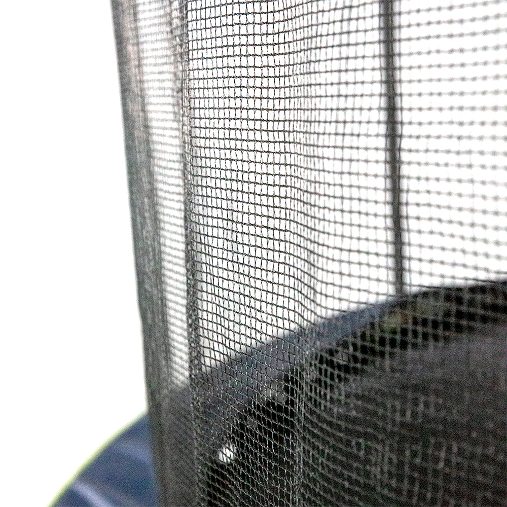 Close-up view of the black, polyethylene enclosure net.