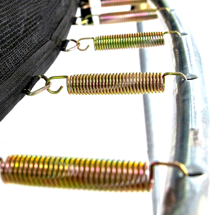 The oval trampoline has steel springs that attach the trampoline's frame to the jump mat.