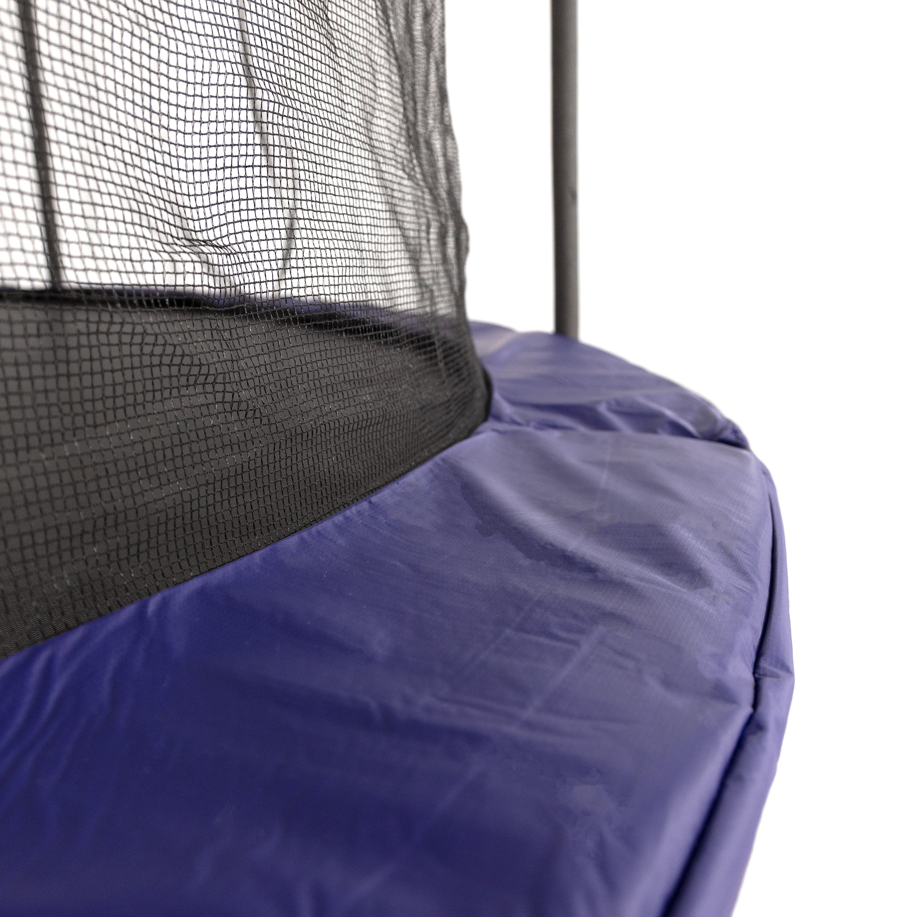 Vinyl-coated blue spring pad connected to black enclosure net and foam padded poles.