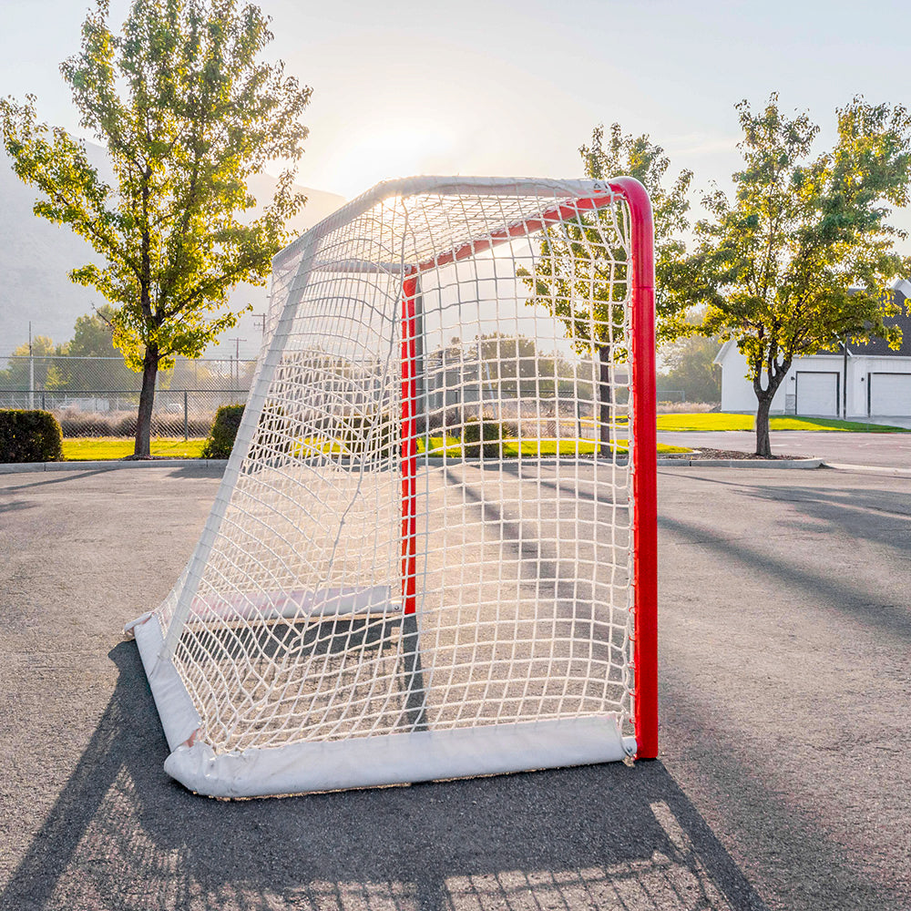 The hockey goal sits in the paved street with green grass and trees behind it.