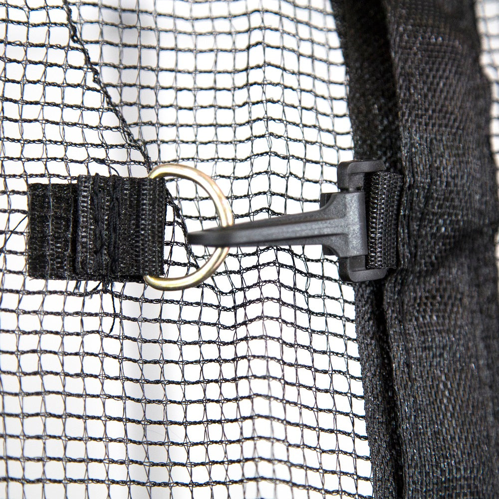 Black plastic clip holding the trampoline's enclosure net door closed. 
