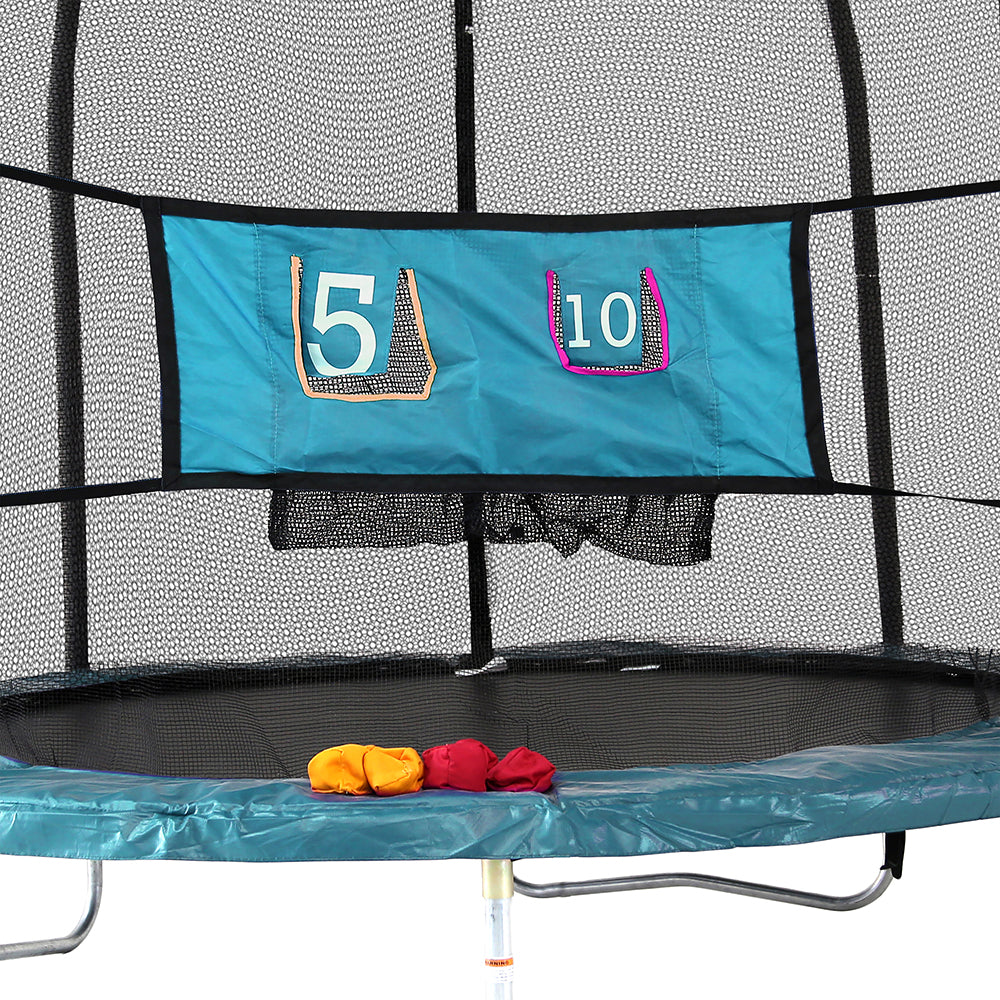 View of the teal double toss game on a trampoline. 
