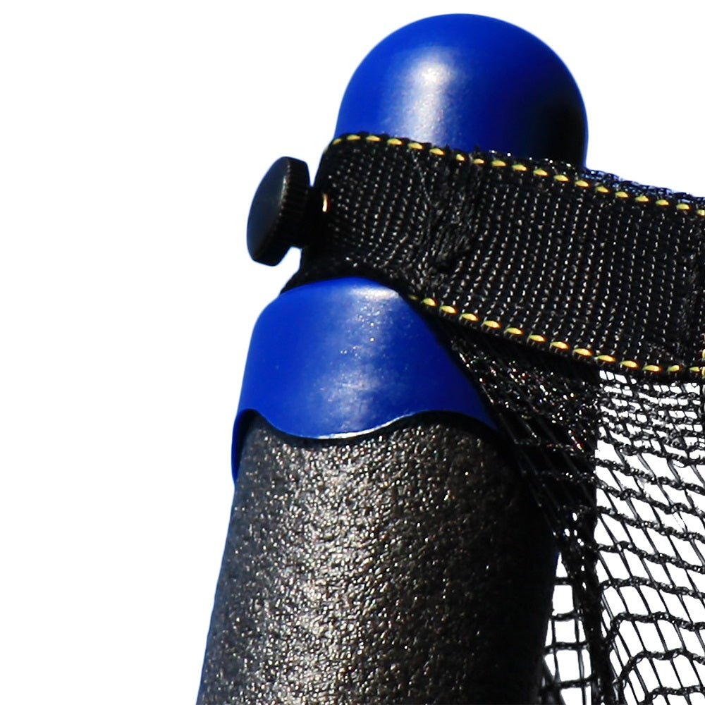 Blue pole cap on top of enclosure pole with enclosure net secured around it. 
