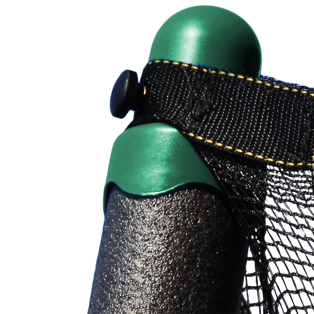 The plastic green pole cap secures the enclosure net and enclosure pole together. 
