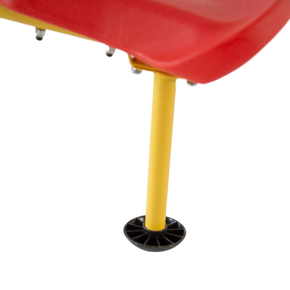 The red plastic seat has a yellow stopper with a black cap on it to reduce impact.