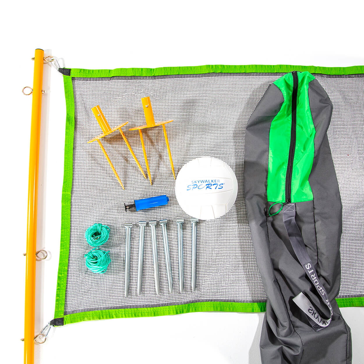 The kit includes volleyball, UV-protected net, ground stakes, steel poles, volleyball pump, nylon rope, and a travel bag. 